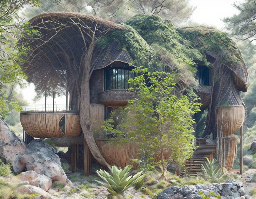 Thatched Roof Treehouse Amidst Greenery and Rocks