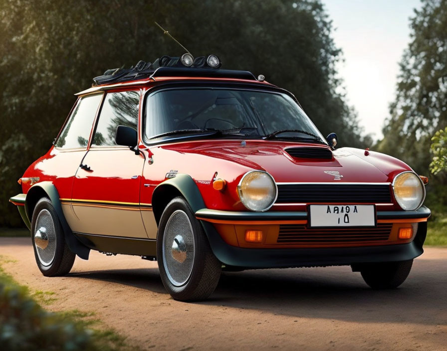 Classic Red and Beige Car with Roof Rack on Countryside Road at Dusk