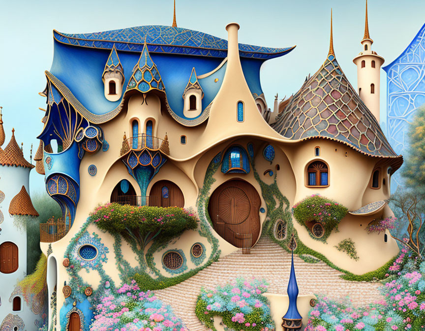 Illustration of Fairytale House with Blue Roof and Lush Gardens