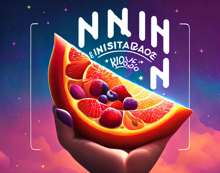 Colorful Fruit Slice Held in Hand Against Cosmic Sky Background with Text Overlay