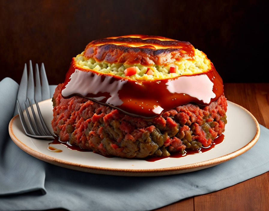 Savory meatloaf cake with mashed potatoes and brown gravy on white plate