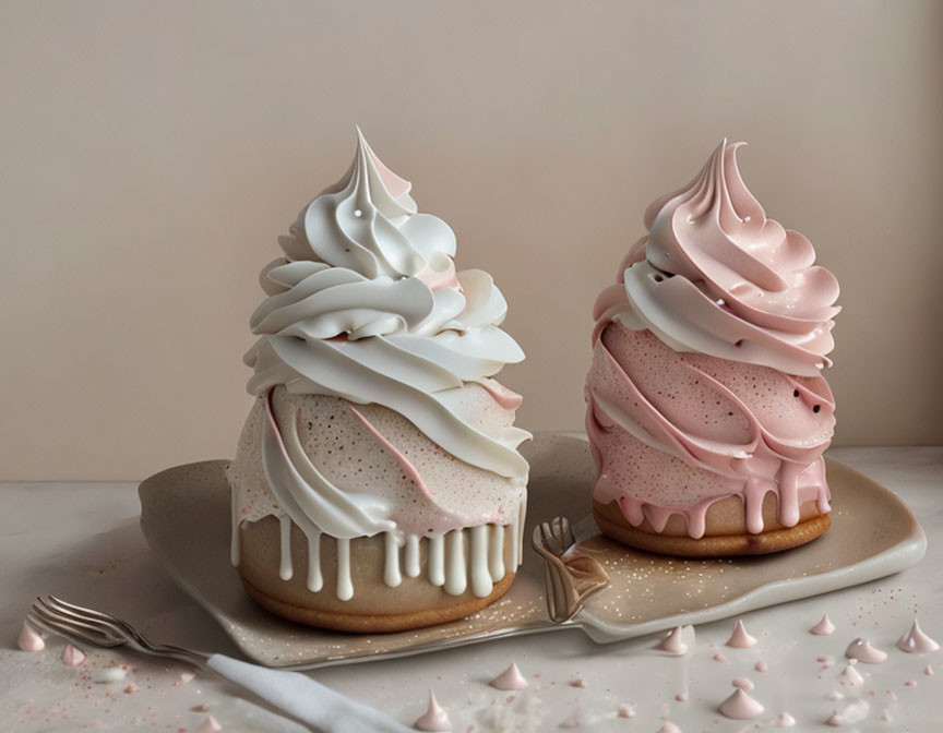 Delicate meringue cupcakes with pink and white icing on beige surface