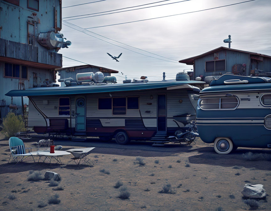 Vintage RVs in desert landscape with picnic table, bike, and plane under cloudy sky