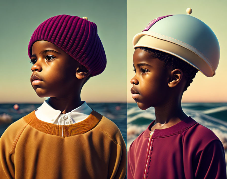 Child's Profile Split Image: Maroon Beanie vs. Whimsical Helmet