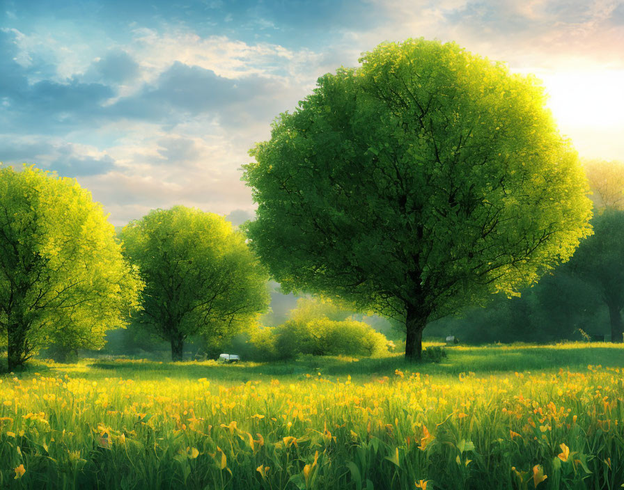 Vibrant trees and wildflowers in serene green field at sunrise or sunset