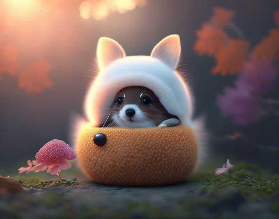 Small Dog in Orange Knit Bag with White Fluffy Hat Among Autumn Leaves and Pink Mushroom in Dream