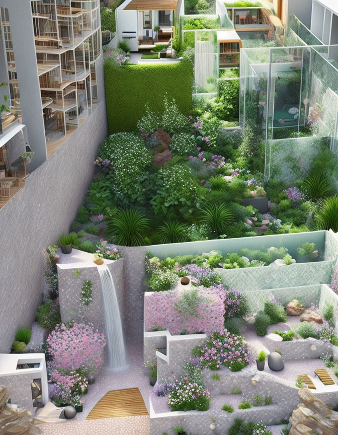 Rooftop garden with green plants, flowers, waterfall, stone pathways, and safety barriers