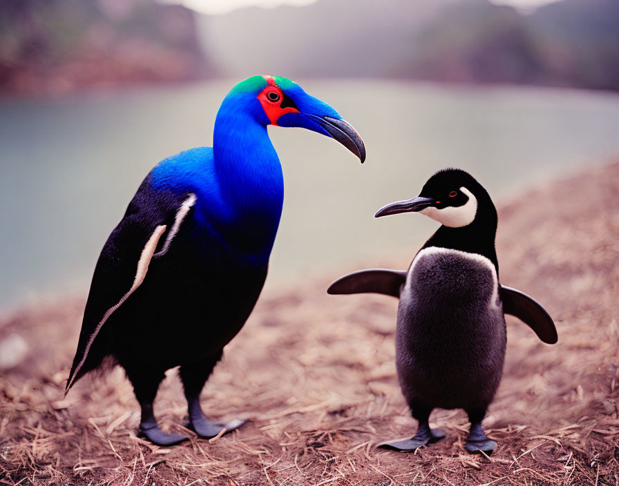 Colorful bird and penguin in nature setting