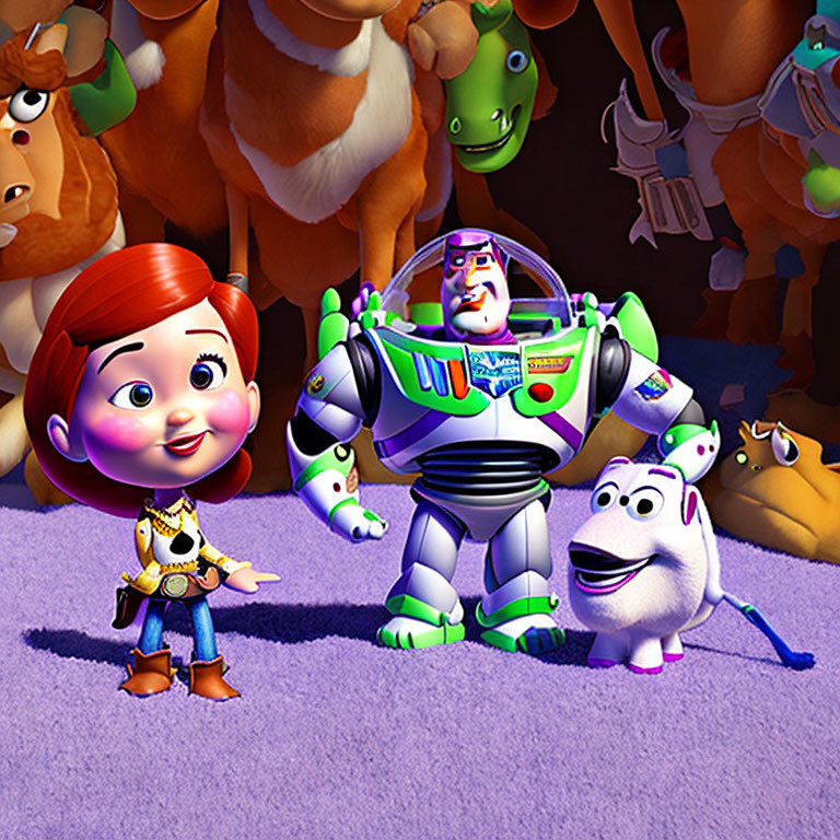 Toy Story characters Woody, Buzz Lightyear, and Jessie in vibrant toy scene