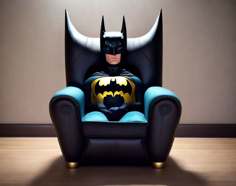 Person in Batman costume sitting in bat-themed chair in textured room