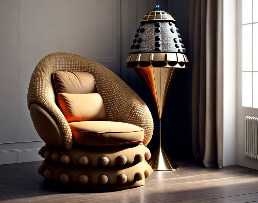 Stylish modern room with wicker armchair, orange cushion, designer lamp, wood-paneled