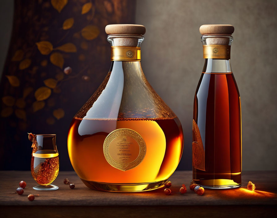 Amber-colored Liquor Bottles with Snifter Glass on Moody Background