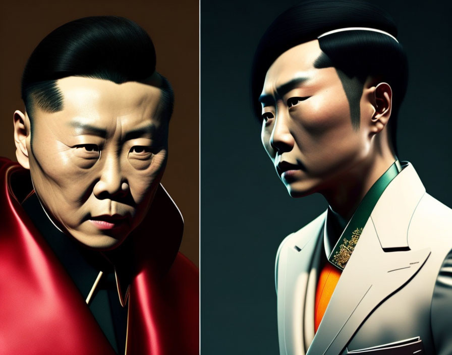 Stylized digital portraits of men in red and white suits side by side