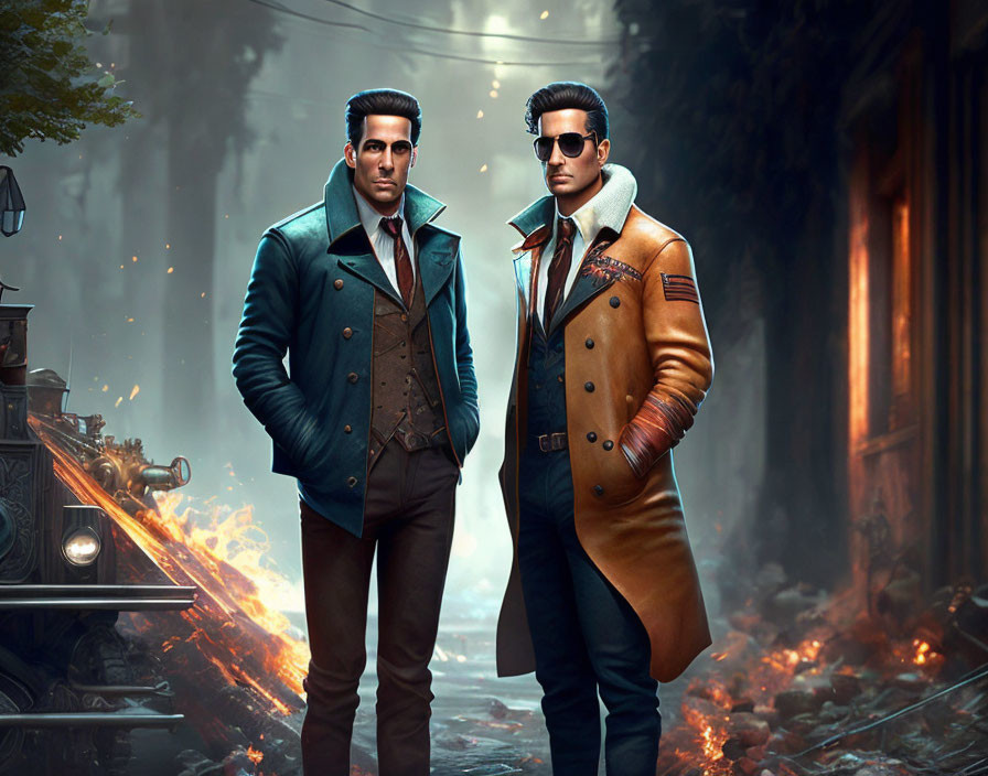 Stylish men in coats in dystopian scene with vintage car & fiery debris