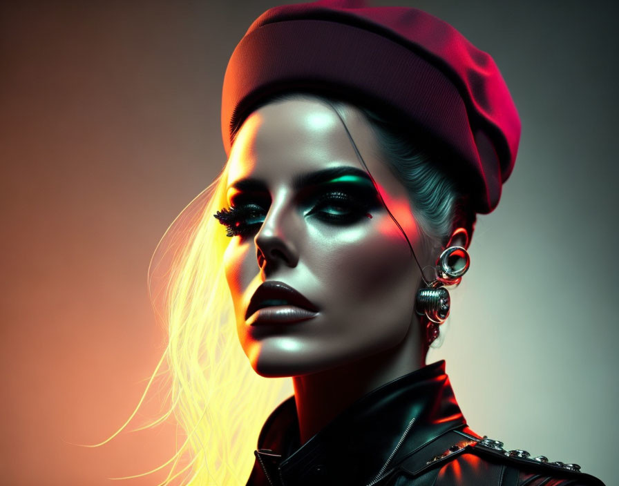 Stylized portrait of woman with dramatic makeup and bold earrings in red beret and leather outfit