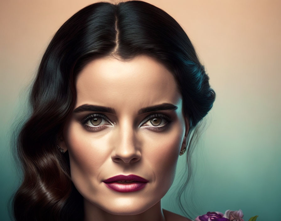 Dark-haired woman with bold makeup against soft backdrop