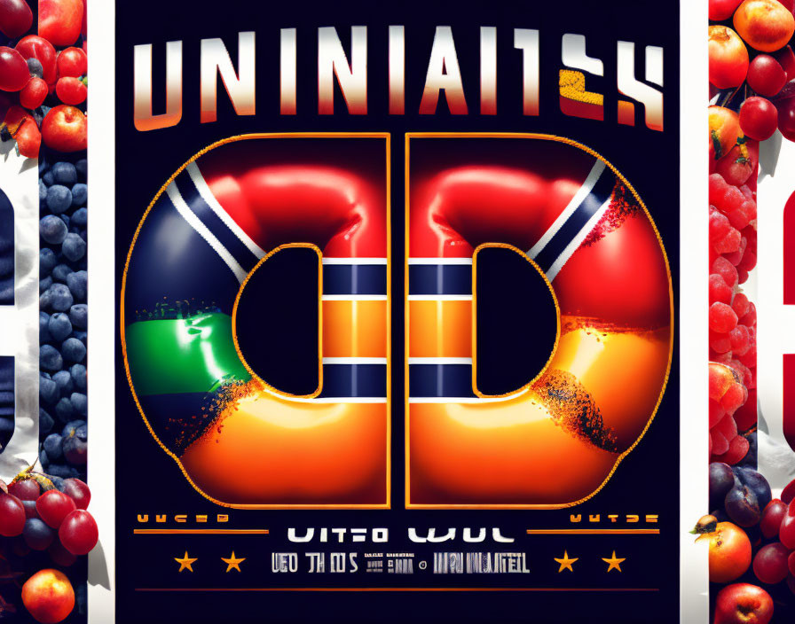 Vibrant "UNINAIIESS" text on British flag symbol with berry motifs