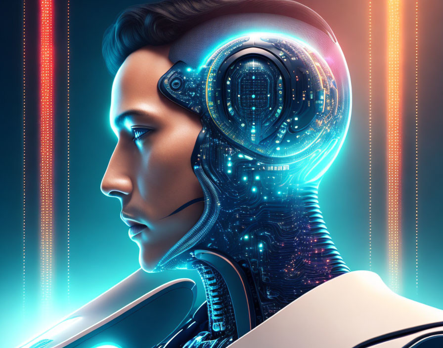 Female Android Digital Illustration with Intricate Circuitry and Neon Lights