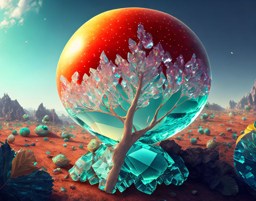 Surreal landscape with crystalline tree and orb entity in desert