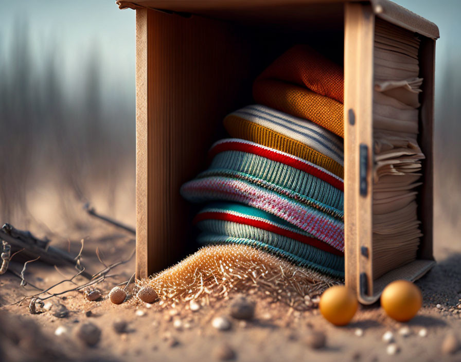 Colorful Fabric Textures in Sunlit Box with Pebbles