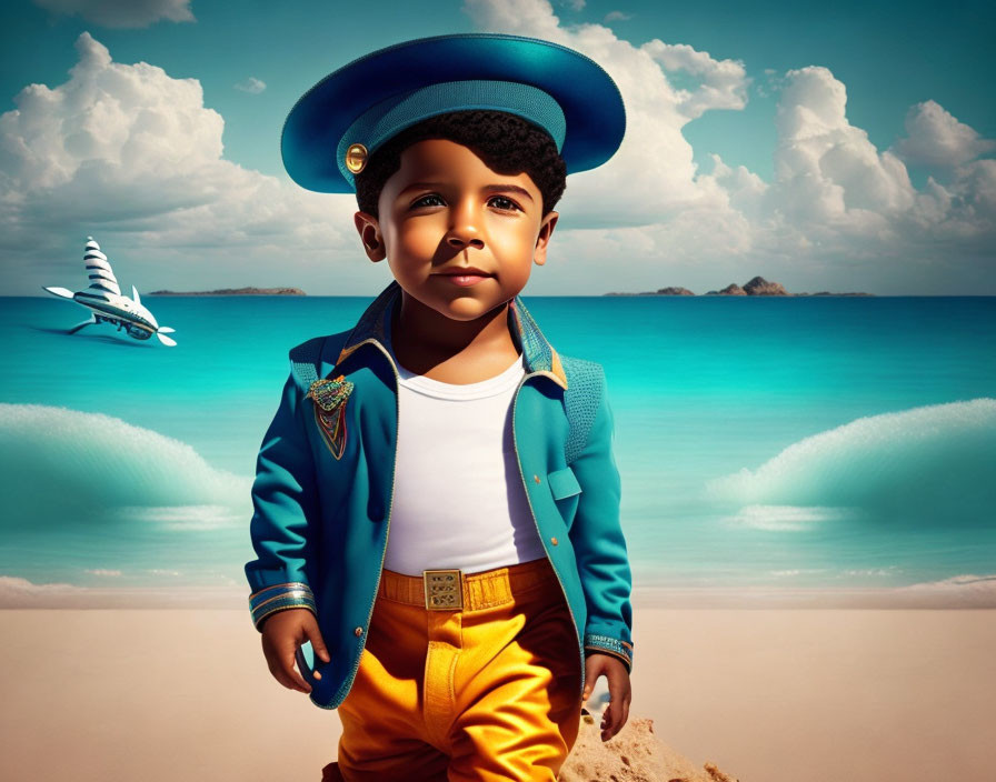 Young boy pilot on beach with plane in the background