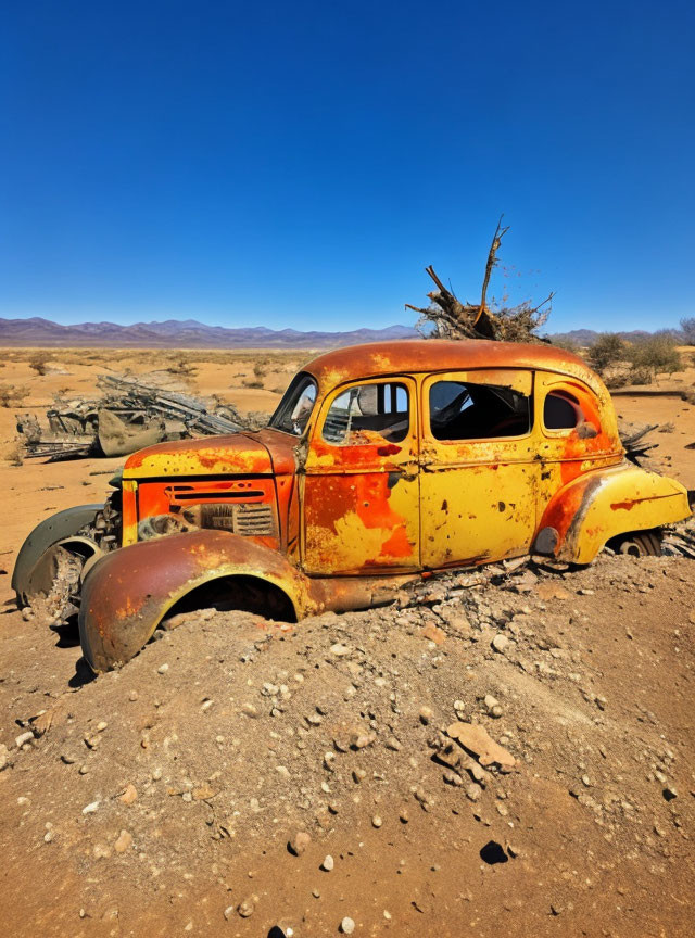 Abandoned rusty car with peeling orange paint in desert landscape