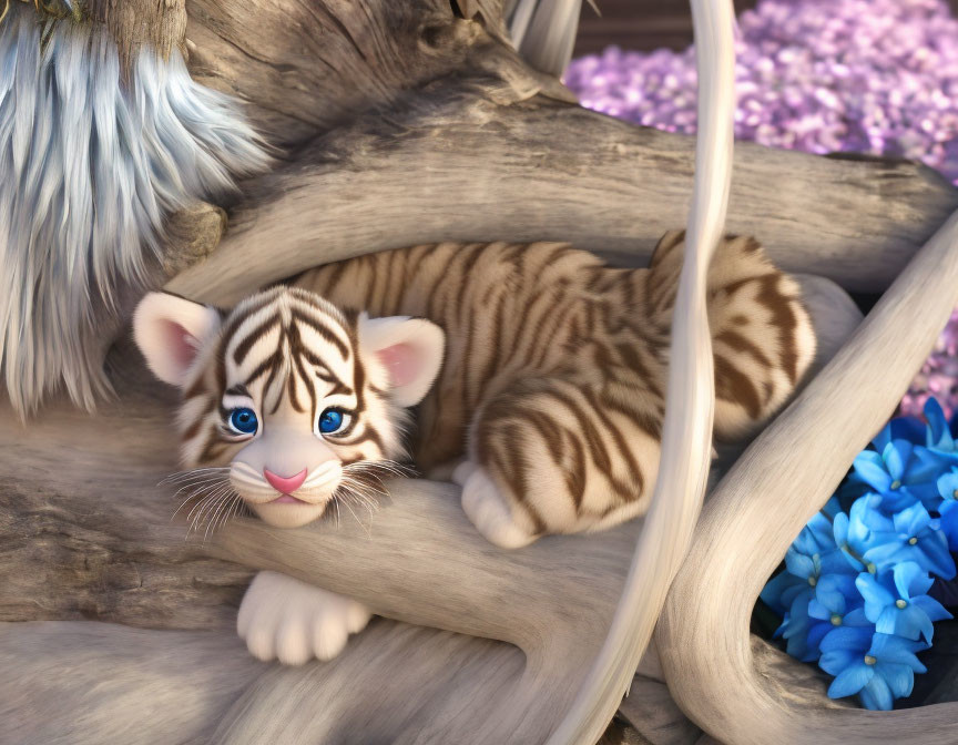 White Tiger Cub with Blue Eyes Resting on Tree Branch Among Purple and Blue Flowers