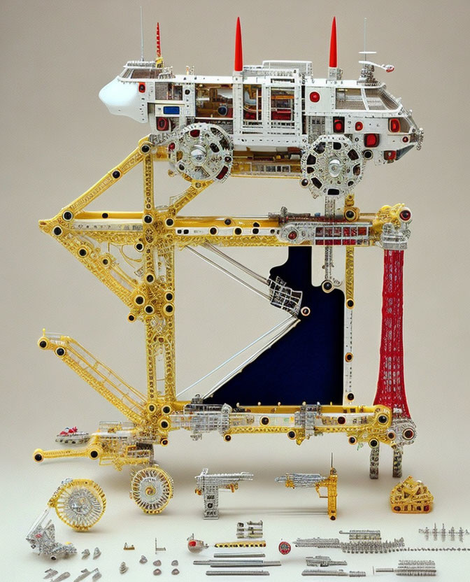 Intricate Mechanical Walking Platform with Gears and Wheels