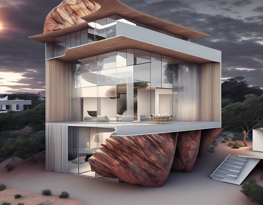 Contemporary house design with large glass windows on rocky terrain at dusk