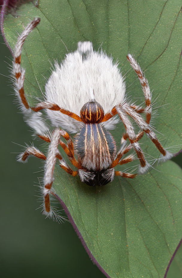 White-bodied spider with brown stripes on green leaf.