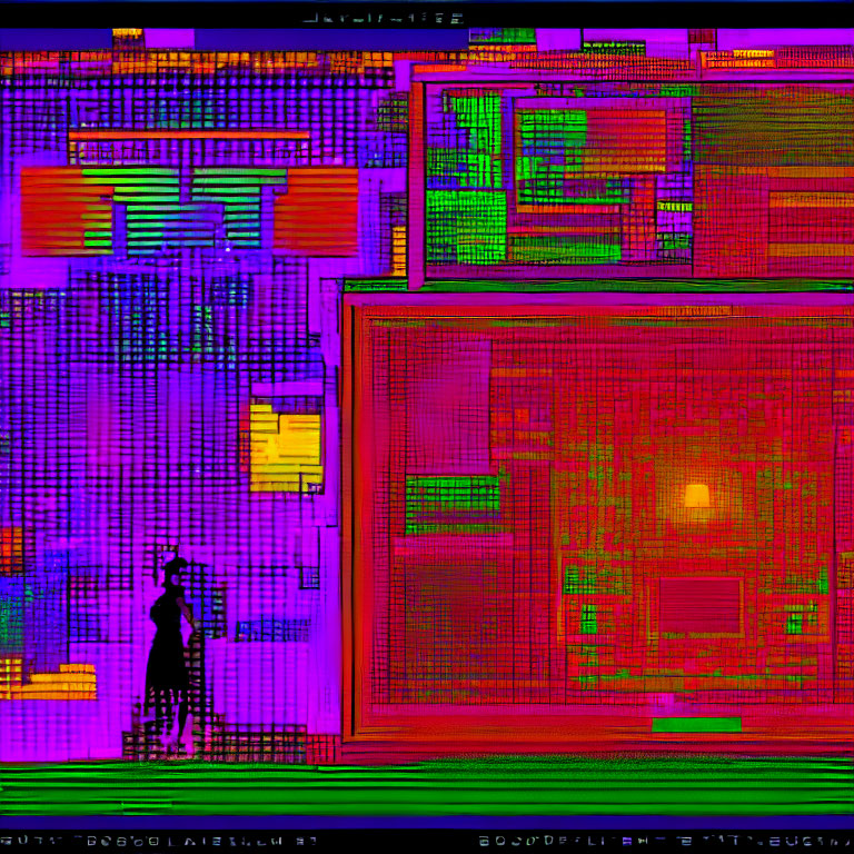 Glitched digital image: Silhouette beside colorful abstract rectangles