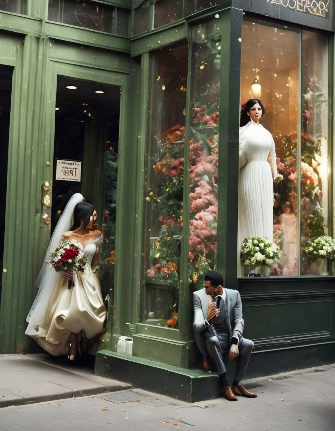 Bride in white gown kneeling to groom outside flower-decorated shop