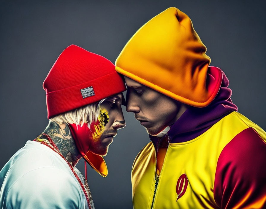 Two Individuals in Red and Yellow Beanies with Colorful Face Paint Design on Grey Backdrop