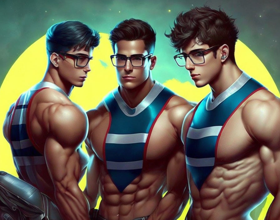 Three muscular animated characters with glasses on yellow backdrop