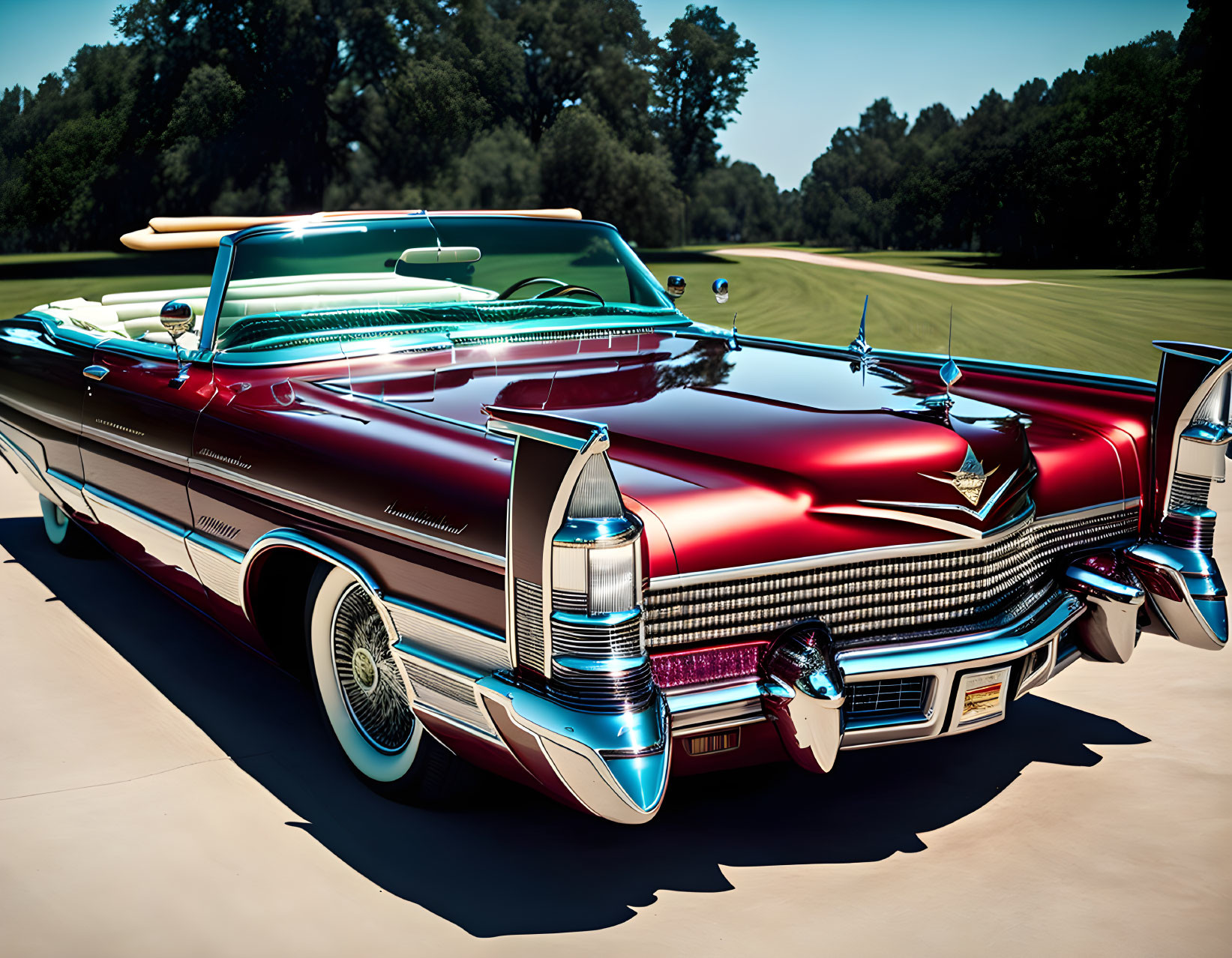 Vintage Red Cadillac Convertible Parked on Sunny Day with Green Background