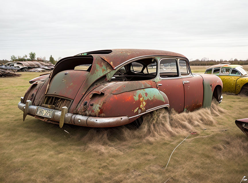 Abandoned vintage cars in overgrown field under cloudy sky