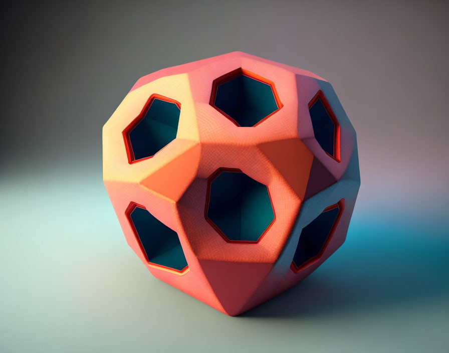 Geometric 3D Object with Pentagon and Hexagon Faces in Pink to Orange Gradient