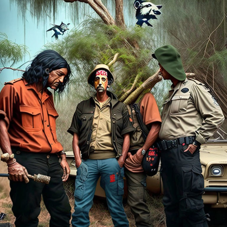 Three animated characters in ranger and utility worker uniforms with a jeep and a painted raccoon in a wooded