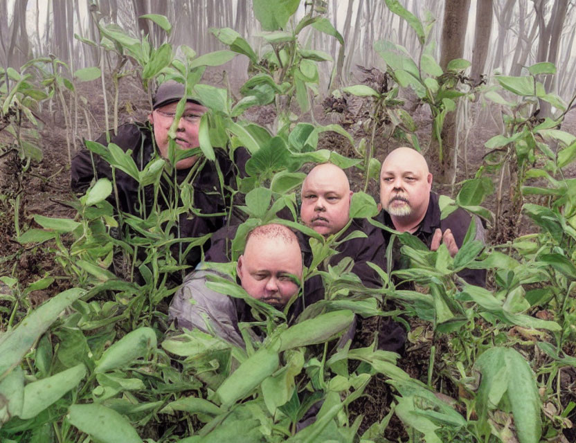 Four Men Camouflaged in Black in Green Crop Field with Misty Background