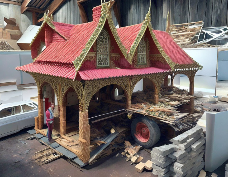 Intricately Carved Wooden House Model with Red Roofing and Person for Scale