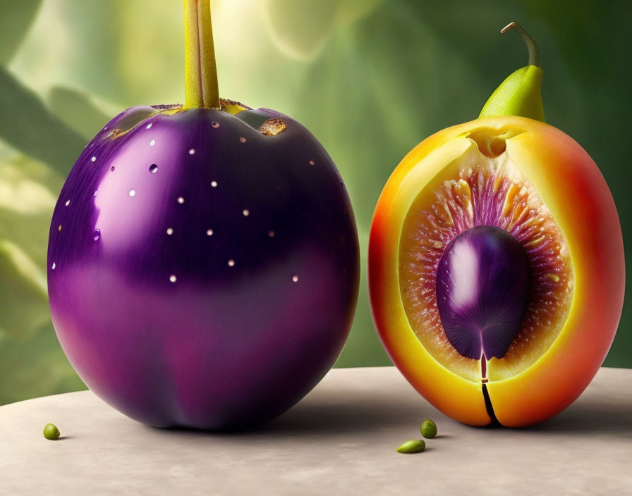 Digitally altered image: Eggplant and tomato blend surreal fruit