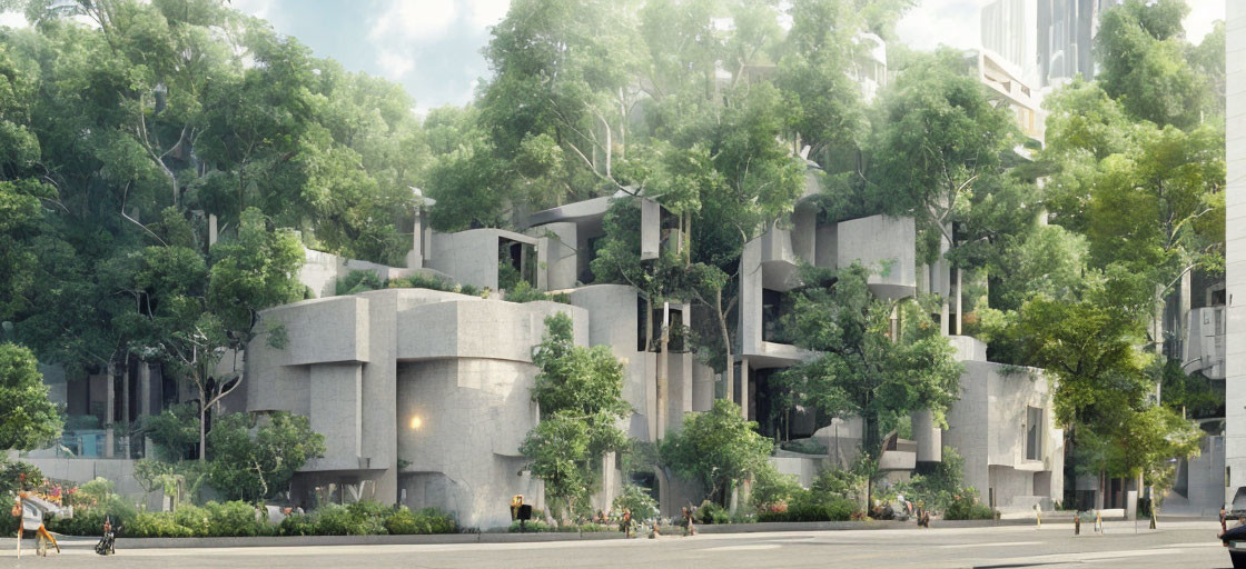 Organic Design Concrete Building Complex in Green Setting