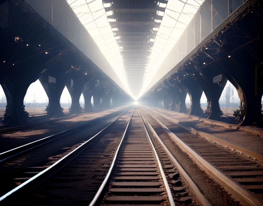 Industrial structure with railway tracks under bright vanishing point.