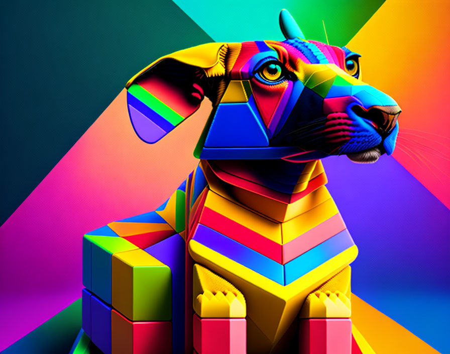 Colorful Geometric Dog Illustration on Kaleidoscopic Background