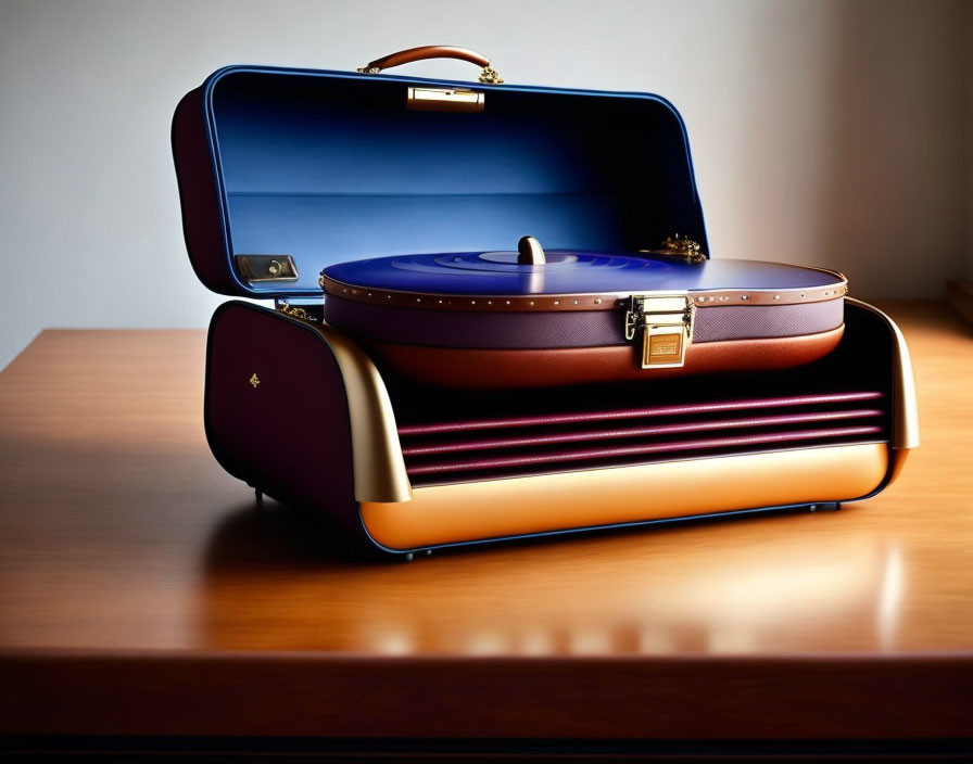 Vintage Briefcase-Style Turntable in Brown and Cream on Wooden Table