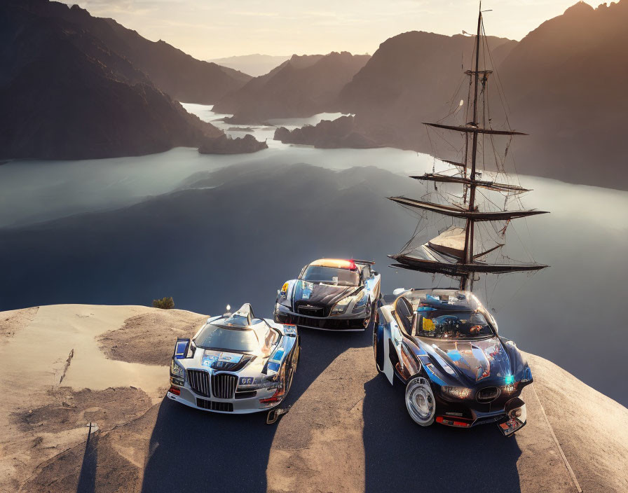 Luxury cars, sailing ship on cliff above river at sunset