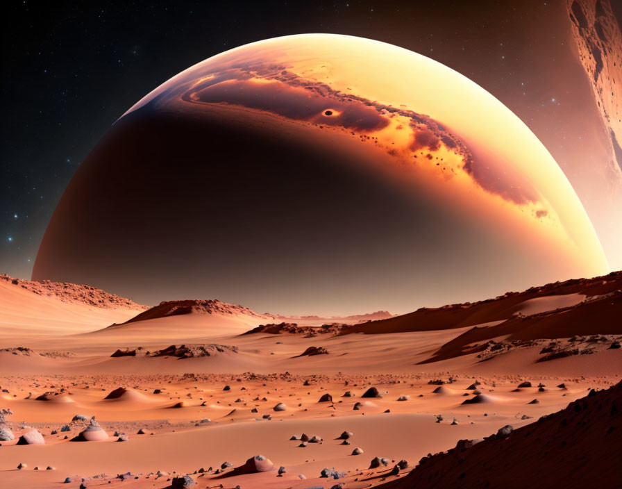 Majestic Martian landscape with red sands and large planet on horizon