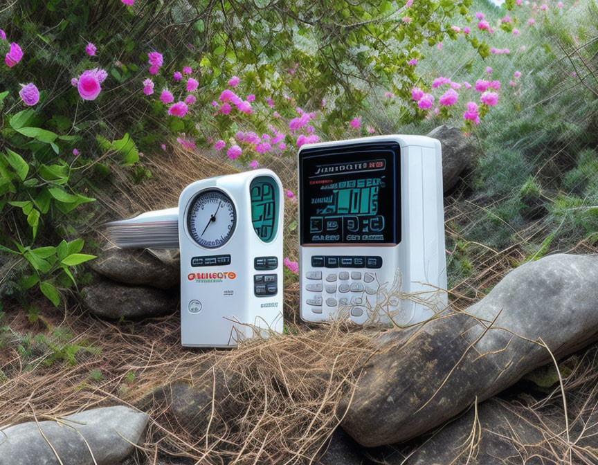 Weather monitoring instruments on rocks with greenery and pink flowers.