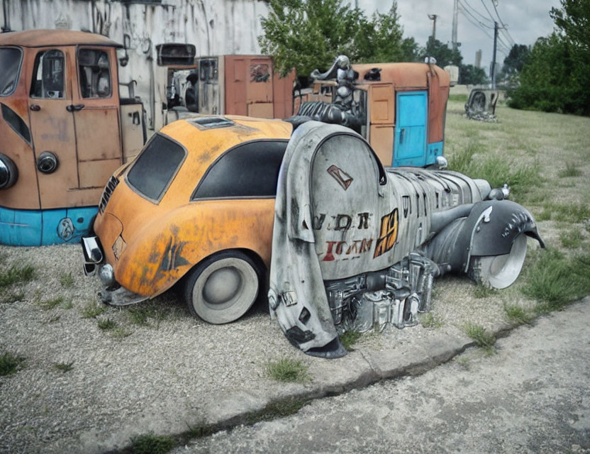 Modified Volkswagen Beetle with futuristic design and exposed engines parked next to colorful vans