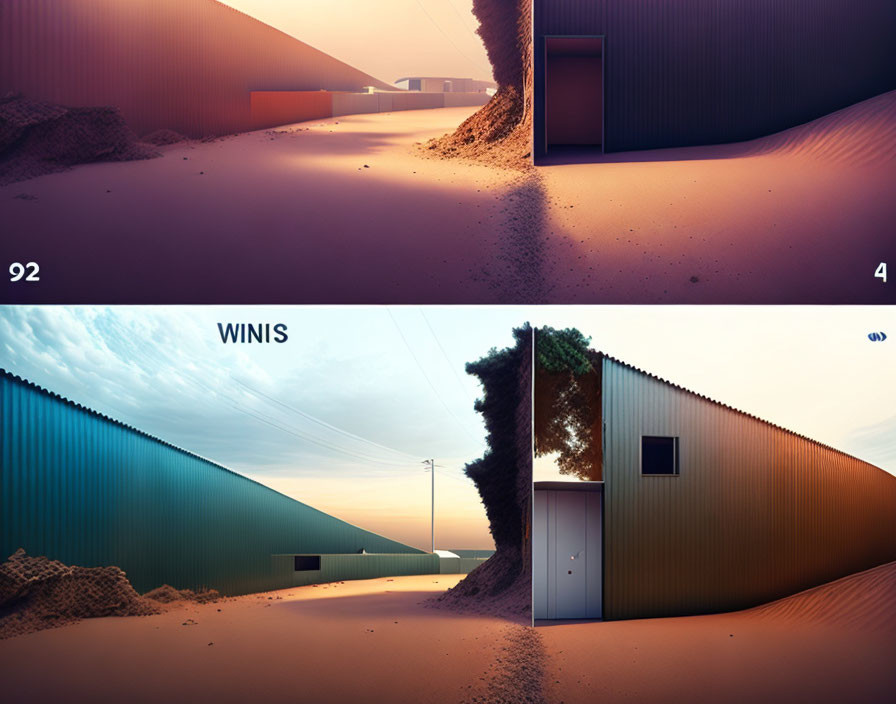 Composite Images: Modern Structures in Sand Dunes Under Dusky Sky